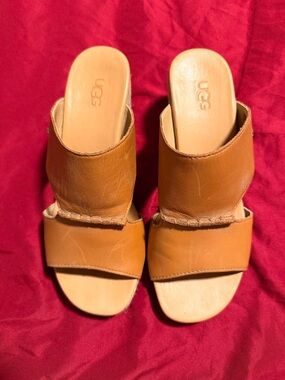 UGG Women's Cognac Leather Double-Band Slide Mules